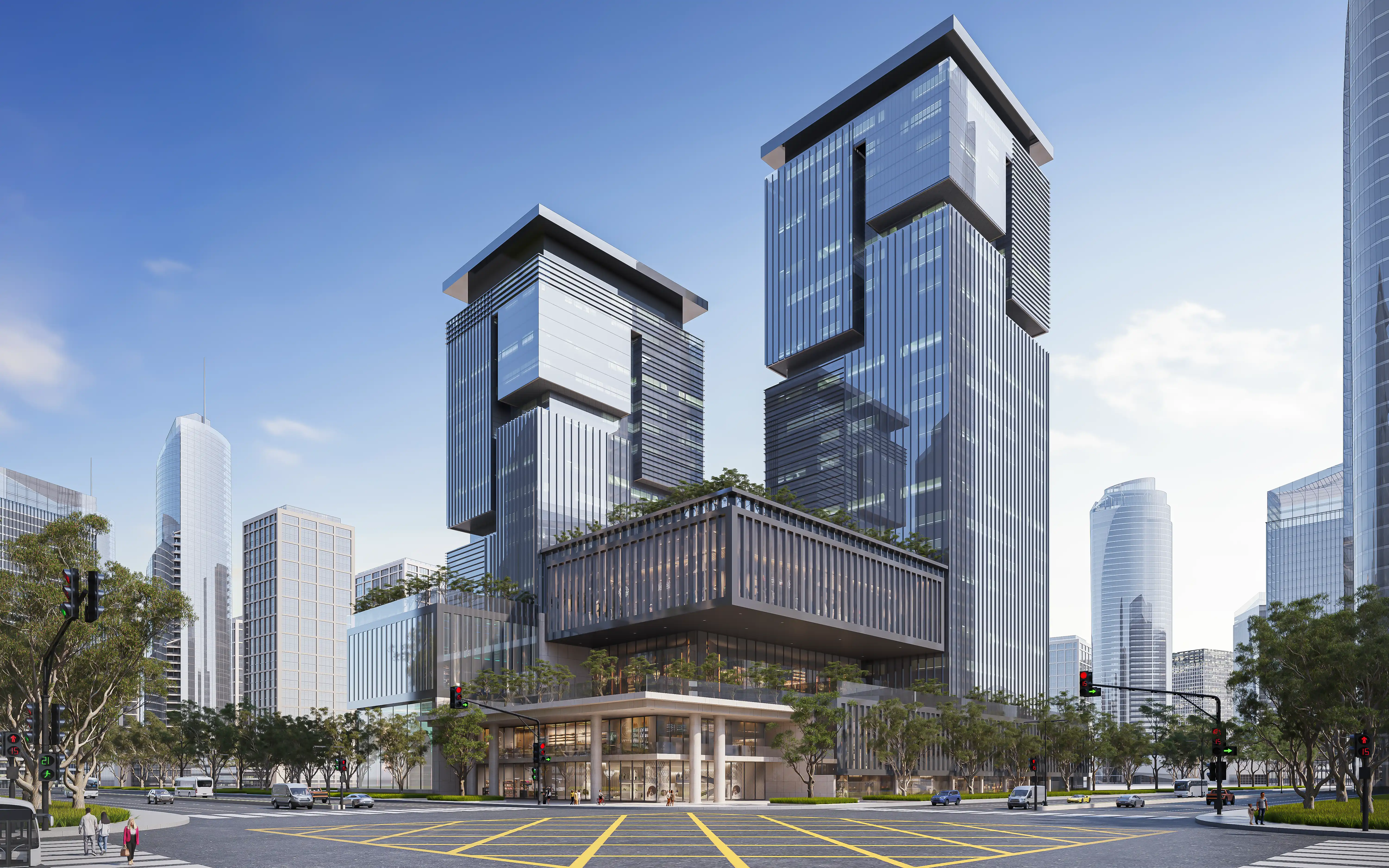 Architectural rendering — residential tower at dusk